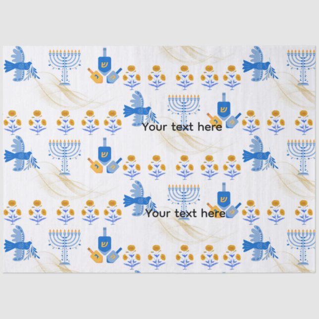 Papier Mousseline Hanukkah tissue Paper – Menorah, Dove, Dreidel (Recto)