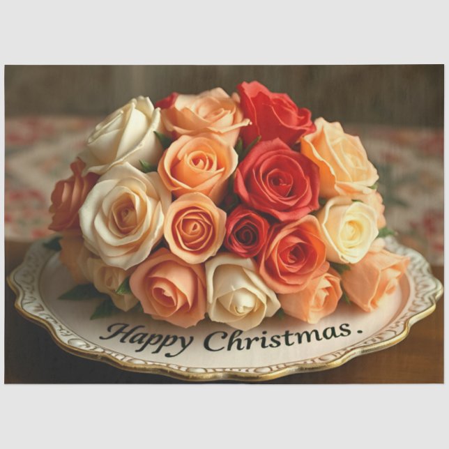 Papier Mousseline Happy Christmas Rose Flowers Bouquet Decoupage  (Recto)