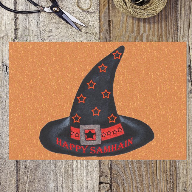 Papier Mousseline Happy Samhain Witch Casquette Stars Magic Wiccan (Black witch hat orange stars silver buckle on Happy Samhain orange tissue wrap paper.)