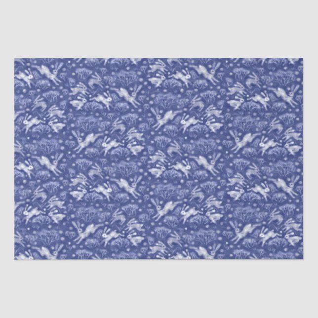 Papier Mousseline Hares Neige Champ Blanc lapins Motif d'hiver Bleu (Recto)