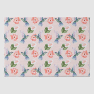 Papier Mousseline Hibiscus bleu vert et rose et colibris