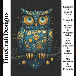 Papier Mousseline Hibou Steampunk Bleu Minuit et Or Decoupage BY6