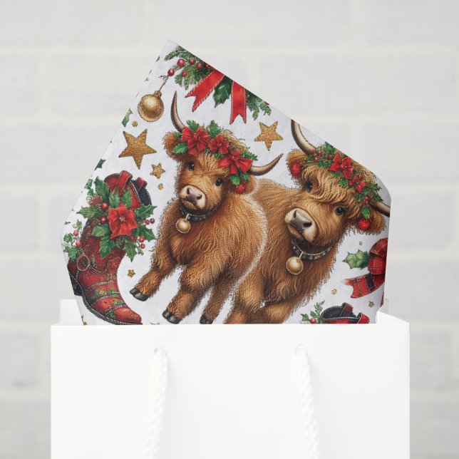 Papier Mousseline Highland Cow Christmas Wrapping Paper (Sac cadeau)