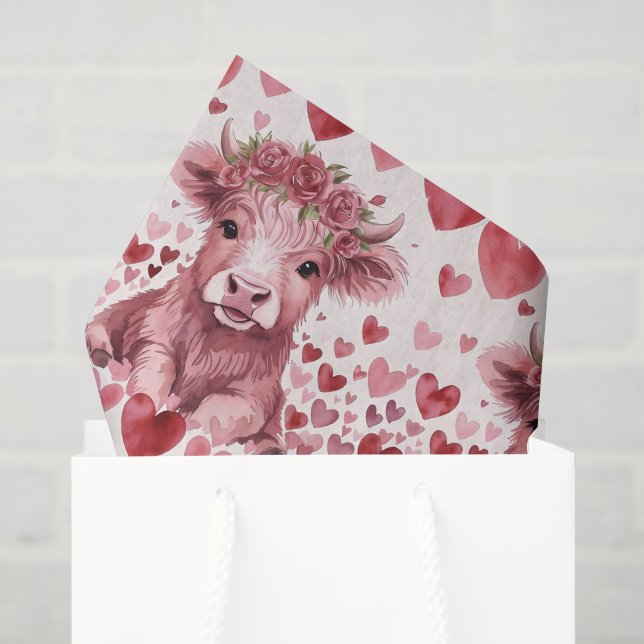 Papier Mousseline Highland Cow Valentine Pink Rose Tissue Paper (Sac cadeau)