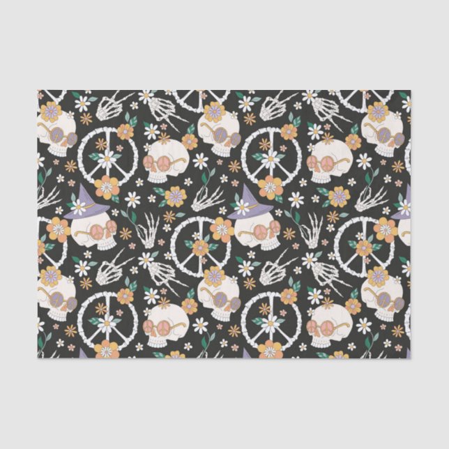 Papier Mousseline Hippie Halloween Skulls et Fleurs Motif (Recto)