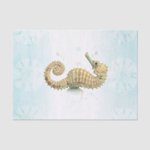Papier Mousseline Hippocampe sarcelle et or aquarelle plage côtière