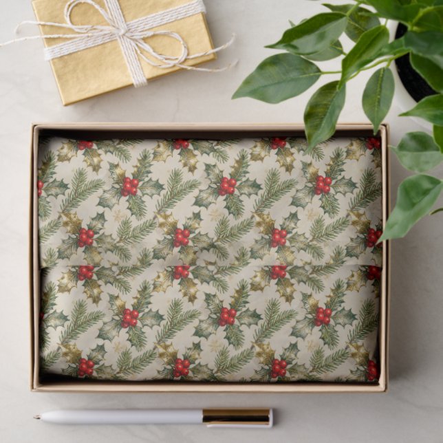 Papier Mousseline Holly and Evergreens (Cadeau)