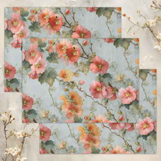 PAPIER MOUSSELINE HOLLYHOCKS ANCIENS DECOUPAGE FLORAL
