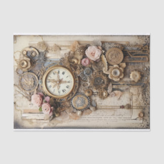 Papier Mousseline Horloges, engrenages, fleurs et éphémère