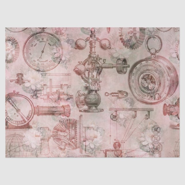 Papier Mousseline Horloges et montres rose Steampunk Découpage (Recto)