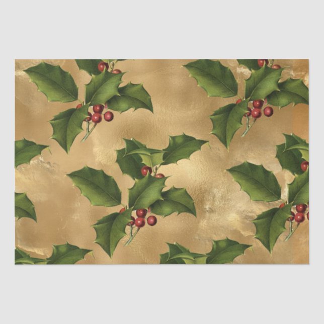 Papier Mousseline Huile d'Or Luxe, Holly Verte, Berries Rouges (Recto)