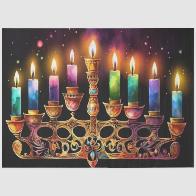 Papier Mousseline Huit Nuits de Lumière ! Aquarelle Menorah (Recto)