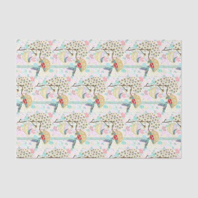 Papier Mousseline Hummingbirds Teacups Spring Floral Garden (Recto)