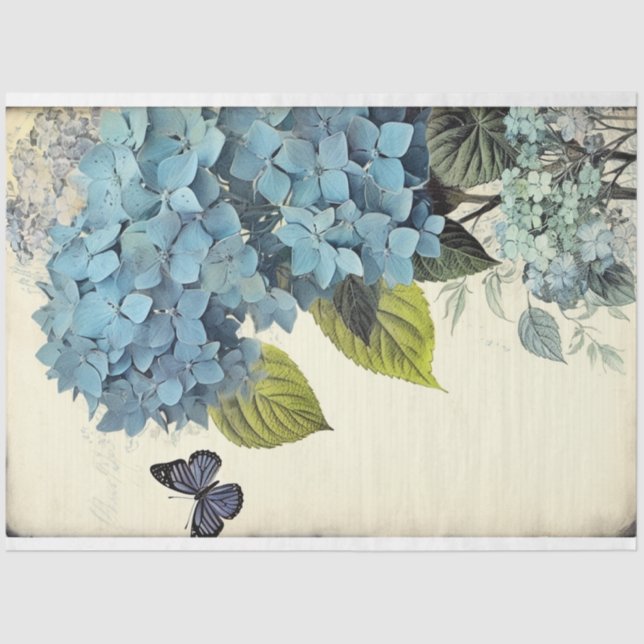 Papier Mousseline Hydrangée bleue et éphémère papillon bleu (Recto)