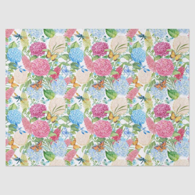 Papier Mousseline Hydrangées et papillons Mariage carrelé de libellu (Recto)