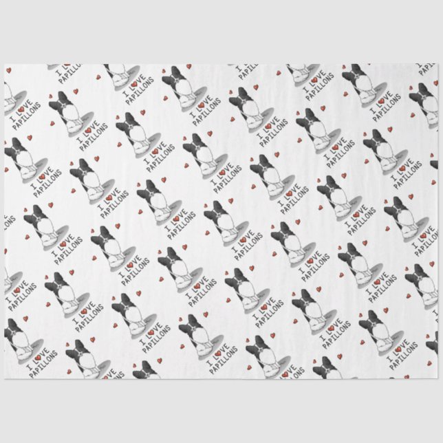 Papier Mousseline I Love Papillons (blanc & noir) Coeurs Chiens mign (Recto)