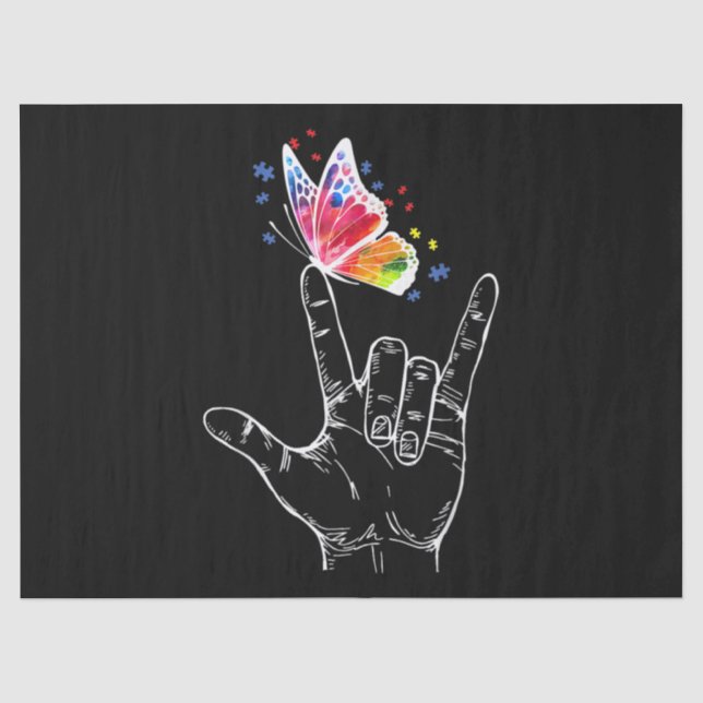 Papier Mousseline I Love You Hand Sign Language Butterfly Autism (Recto)