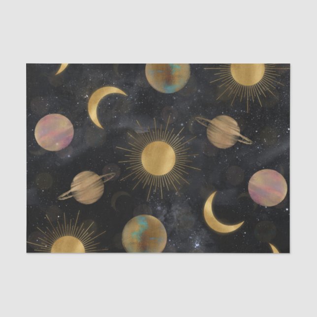 Papier Mousseline Illustration Gold Sun Moon Planètes Space (Recto)