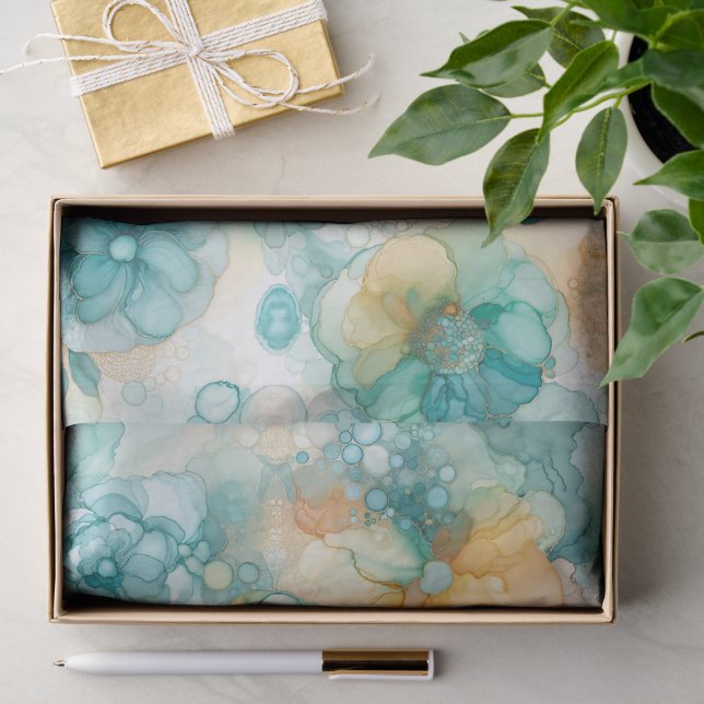Papier Mousseline Illustration turquoise de l'encre d'alcool jaune (Cadeau)