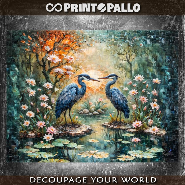 Papier Mousseline Image de style mosaïque de 2 hérons bleus dans le  (Créateur téléchargé)