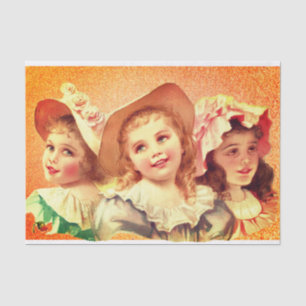 Papier Mousseline Image vintage de Trois Jeunes Filles sur Tissu Cad