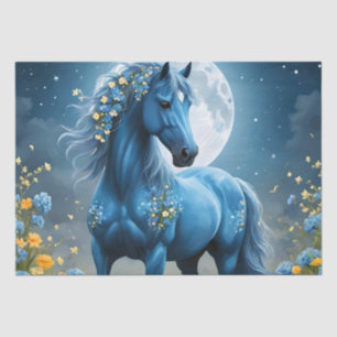 Papier Mousseline Imaginaire Bleu Magique Cheval Lune Fleurs,