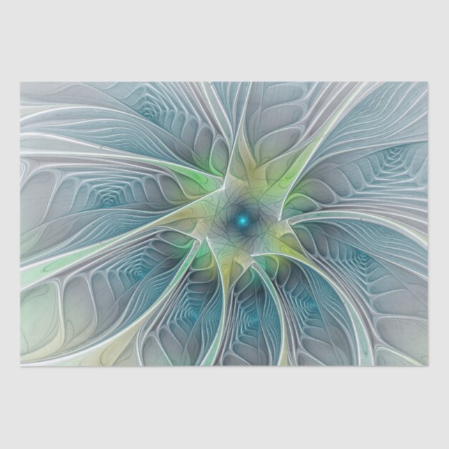 Papier Mousseline Imaginaire fleuri Moderne Bleu Vert Fractal Fleur (Recto)