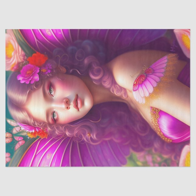 Papier Mousseline Imaginaire Fuchsia Fairy papillons Decoupage (Recto)