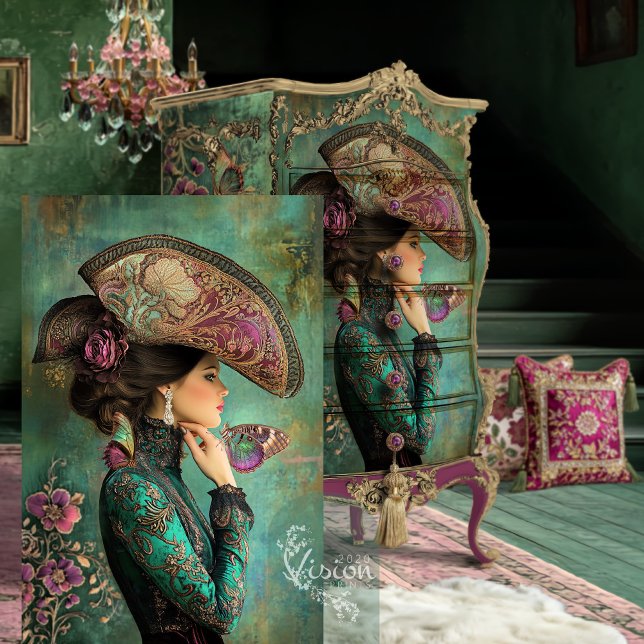 Papier Mousseline Imaginaire victorien Portrait Papillons Baroque (Victorian Hat Adorned Lady, Butterflies Baroque Fantasy Portrait Art Decoupage Paper)