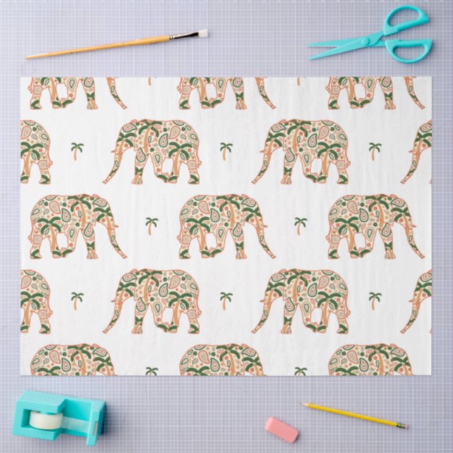 Papier Mousseline Indian Floral Paisley Ornate Elephants (Artisanat)
