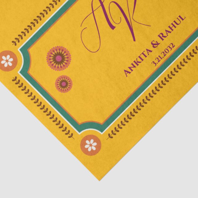 Papier Mousseline Initiales de monogramme floral jaune Mariage indie (Détail)