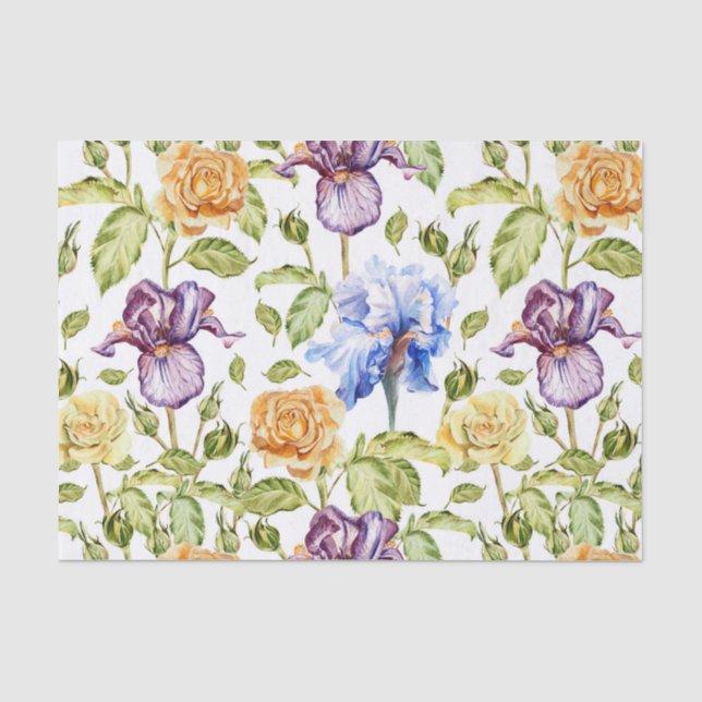 Papier Mousseline Iris et rose aquarelle motif floral (Recto)