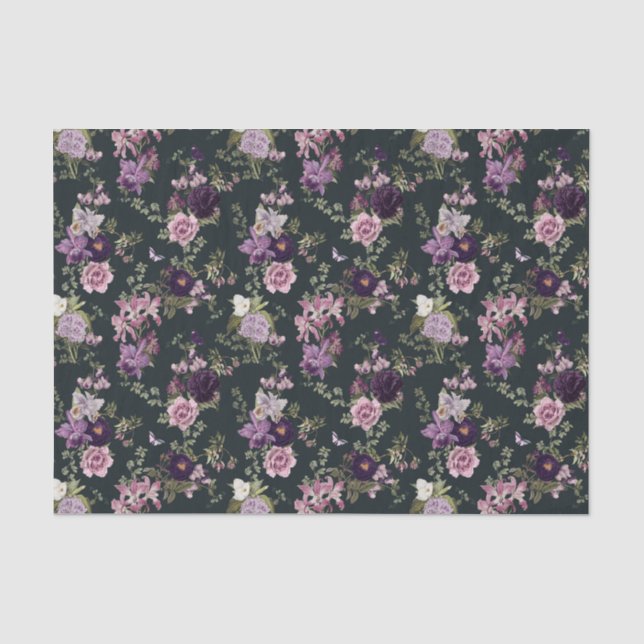 Papier Mousseline Irises, Orchidées, Roses en Découpage violet (Recto)