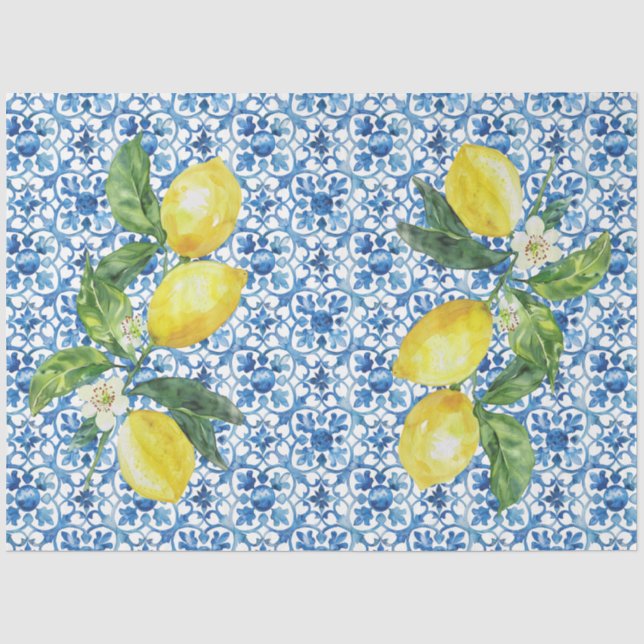 Papier Mousseline Italian Lemons Blue White Tile Decoupage  (Recto)