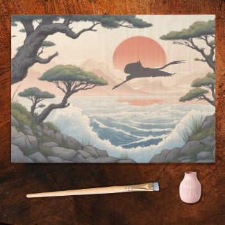 Papier Mousseline Japanese Rocky Coast Sunset Landscape and Egret
