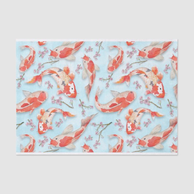Papier Mousseline Japonais Koi Fish & Cherry Blossom Branch Motif (Recto)