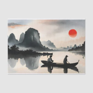 Papier Mousseline Japonais naviguant Bateau Soirée Rivière Paysage