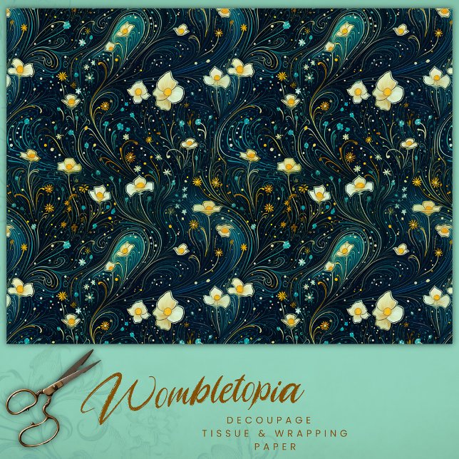 Papier Mousseline Jardin Twilight Bleu Marine, Découpage Floral Or (Créateur téléchargé)