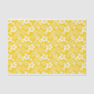 PAPIER MOUSSELINE JAUNE AUX FLEURS HIBISQUES BLANCHES TROPICALES