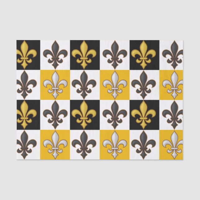 Papier Mousseline Jaune Blanc À damiers Fleur de lis Design (Recto)
