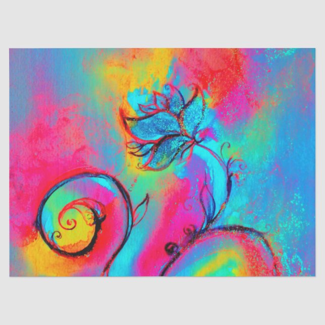 Papier Mousseline JAUNE ROSE BLEU FLEURS BLANCHES Imaginaire Floral (Recto)