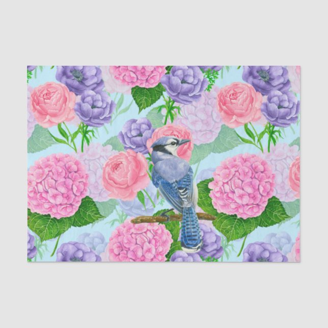 Papier Mousseline Jay bleu et fleurs motif aquarelle (Recto)