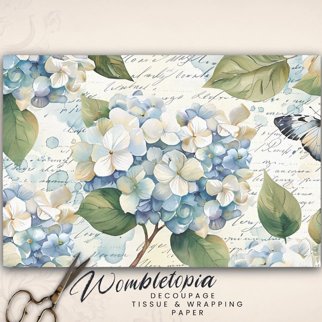 Papier Mousseline Joli Blue Hydrangea Ephemera Script Découpage (Créateur téléchargé)