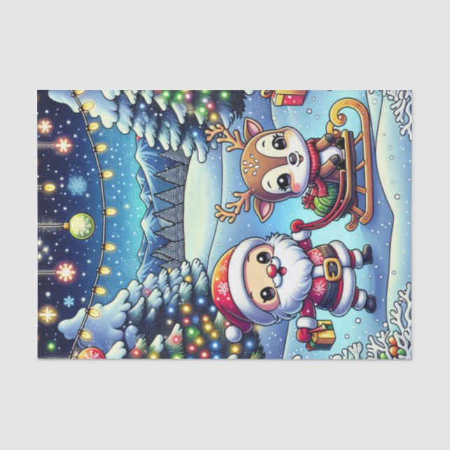 Papier Mousseline Joli Cartoon Père Noël et Reindeer Noël (Recto)