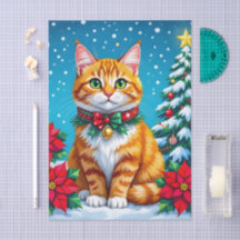Joli chat orange et Noël au poinsettia