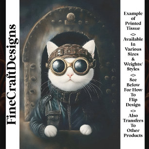 Papier Mousseline Joli Chat Steampunk Dieselpunk Blanc Decoupage AQ9