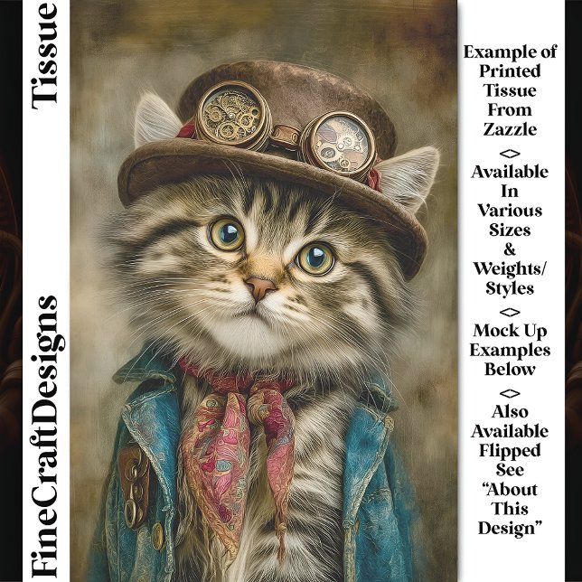 Papier Mousseline Joli Chat Tabby Steampunk au Chapeau DN6R Découpag (Créateur téléchargé)