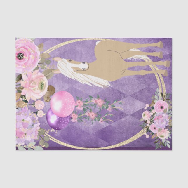 Papier Mousseline Joli cheval Palomino rose et violet Fleurs (Recto)