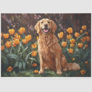 Papier Mousseline Joli Golden Retriever dans un jardin de tulipes