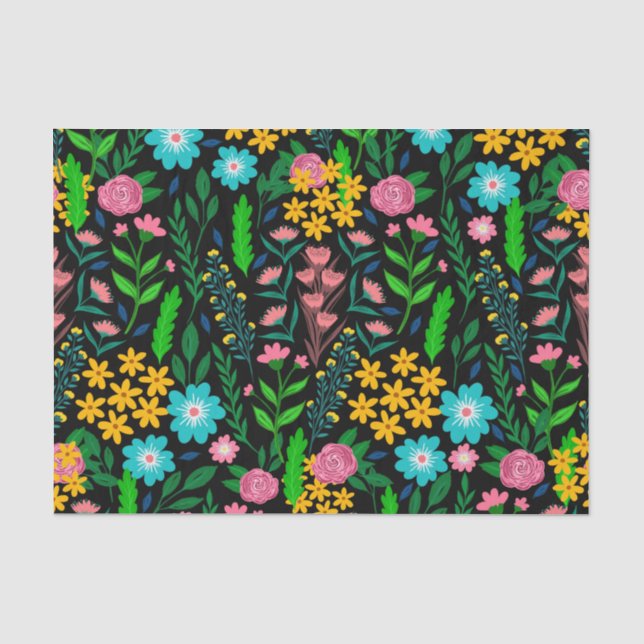 Papier Mousseline Joli Jardin Rose Bleu Fleurs Design noir (Recto)